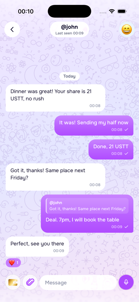 A conversation with John: dinner split, 21 USTT sent