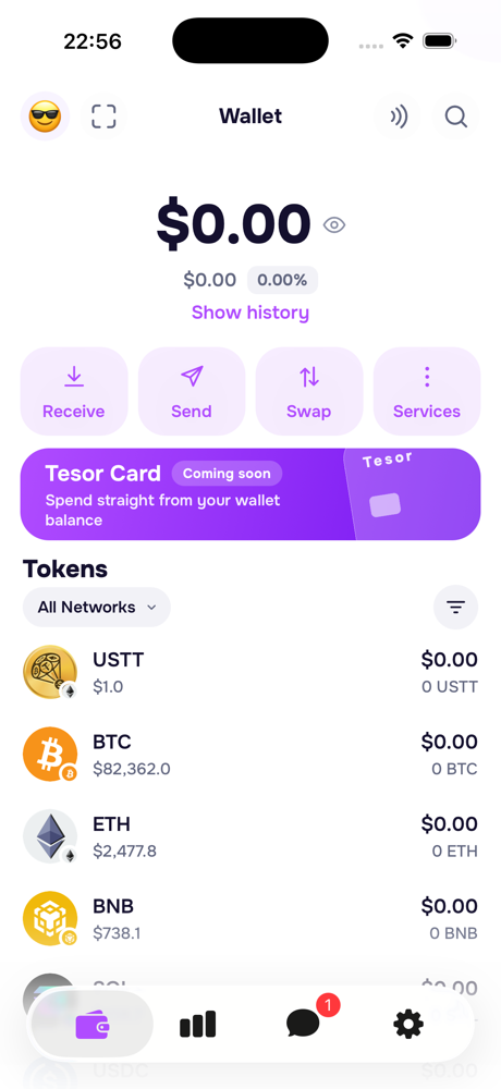 The wallet: balance, Receive, Send, Swap, tokens